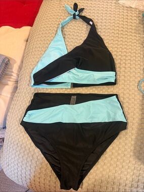 Black & Light Blue Halter Two-Piece Bikini Set